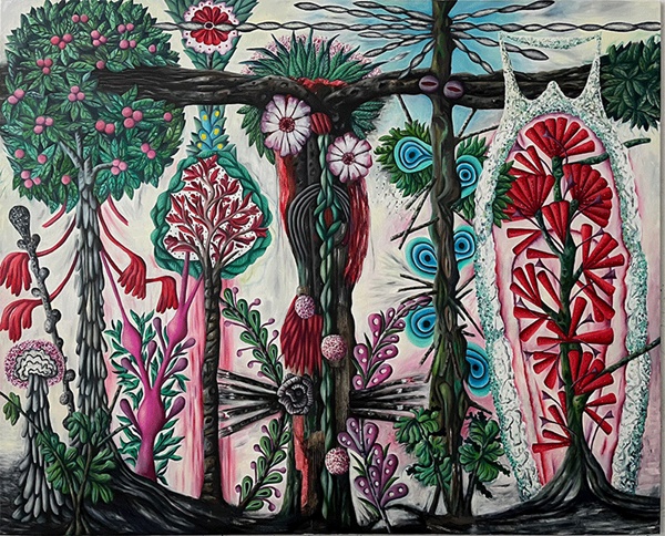 Hartmut Neumann
Verschiedene Baumähnliche unverzweigte Kurzsprößlinge (Blütenpracht rot)
oil on canvas, 2023, 170 × 210 cm