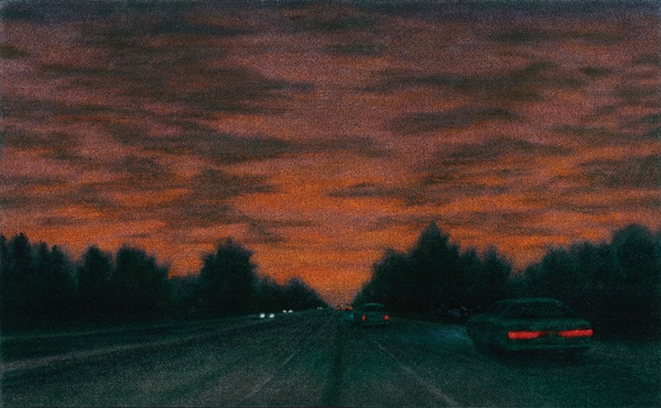 Jane Dickson, Out of Here West, 2000. Oil on Astroturf, 73 × 114½ in. (185.4 × 290.8 cm)