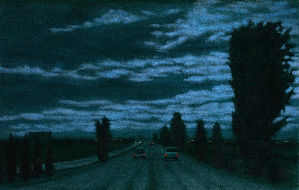 Jane Dickson, Out of Here South (Boulay Mi-Voye), 2000–13. Oil on Astroturf, 73 × 114½ in. (185.42 × 290.83 cm)