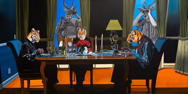 click to enlarge- double click to reduce Deborah Sengl, Trouble in Paradise, 2024, Acryl auf Leinwand, 120 x 240 cm