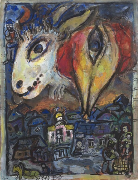click to enlarge- double click to reduce
La fuite: coq et bouc au dessus du village
Marc Chagall
1962
gouache, pastel and graphite on paper
73.6 x 56.1 cm