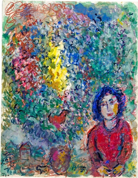 click to enlarge- double click to reduce
Femme au corsage rouge avec grand bouquet
Marc Chagall
circa 1984
tempera, gouache and pastel on paper
62.5 x 50.3 cm