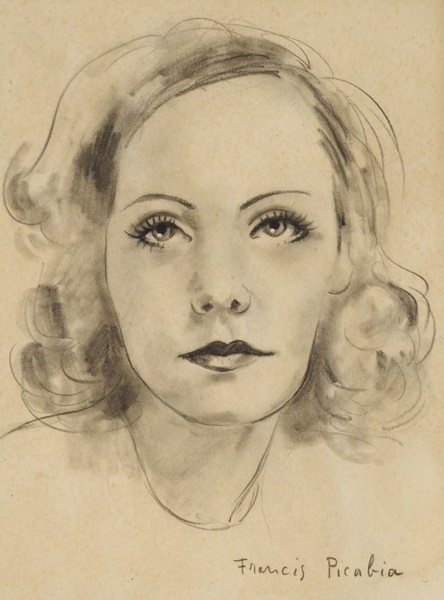 Francis Picabia, Untitled (Portrait de Greta Garbo), ca. 1940–1942
Gouache, charcoal, pencil on paper
10 3/4 x 8 1/4 inches (27 x 21 cm) 